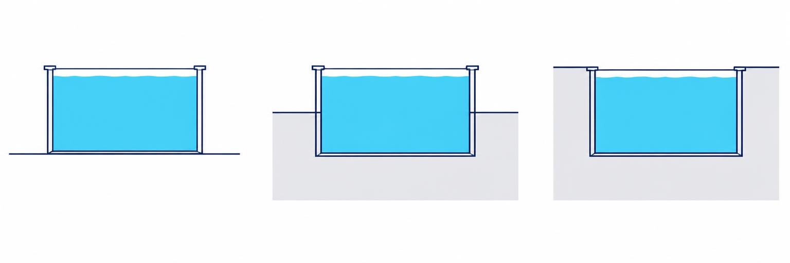 Pool cross-sections showing above-ground, partially in-ground and fully in-ground installation, from left to right